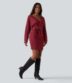 Crossover V Neck Batwing Long Sleeve Belted Mini Casual Dress — Karanda Red — view 7