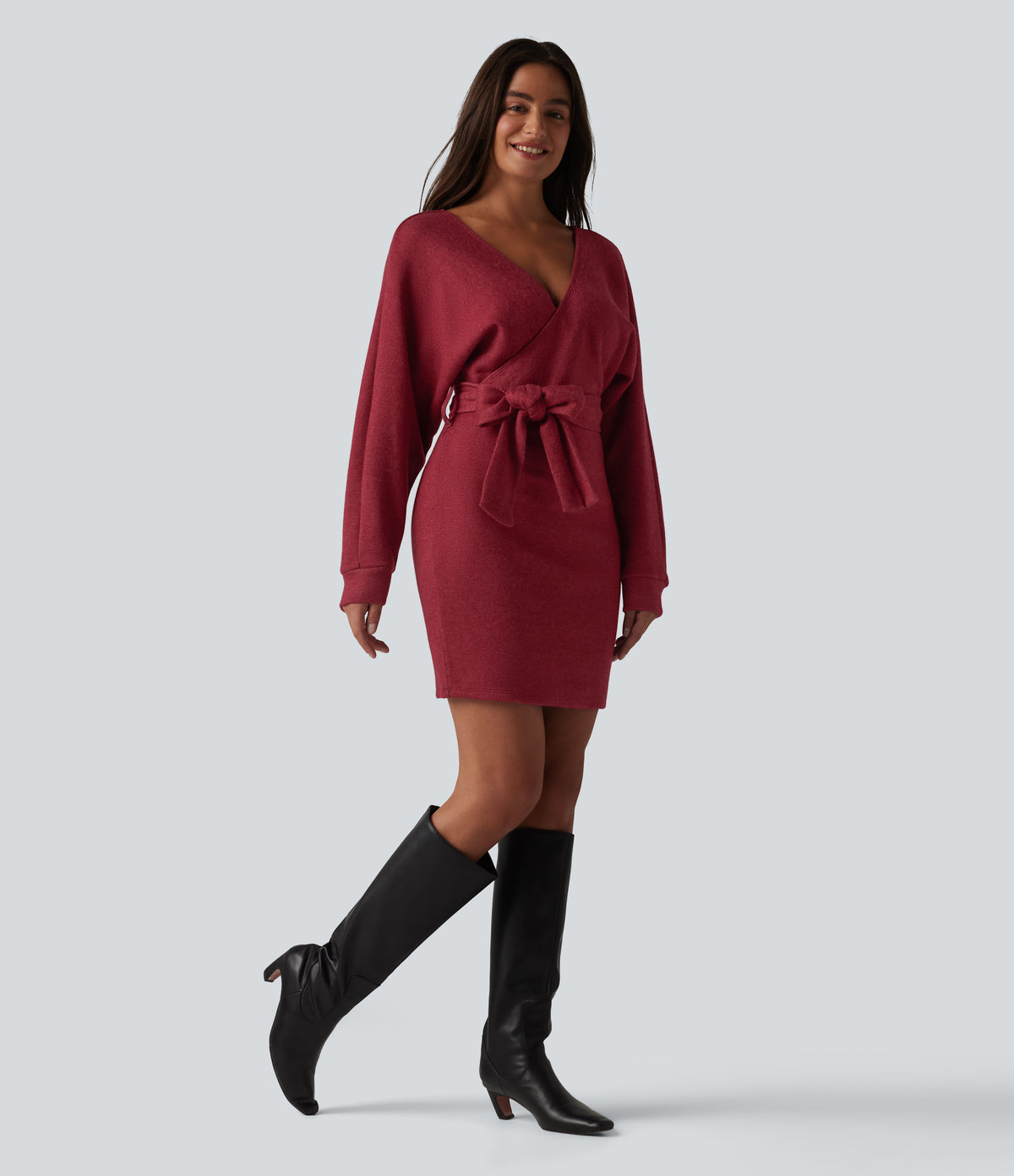 Crossover V Neck Batwing Long Sleeve Belted Mini Casual Dress — Karanda Red — view 7
