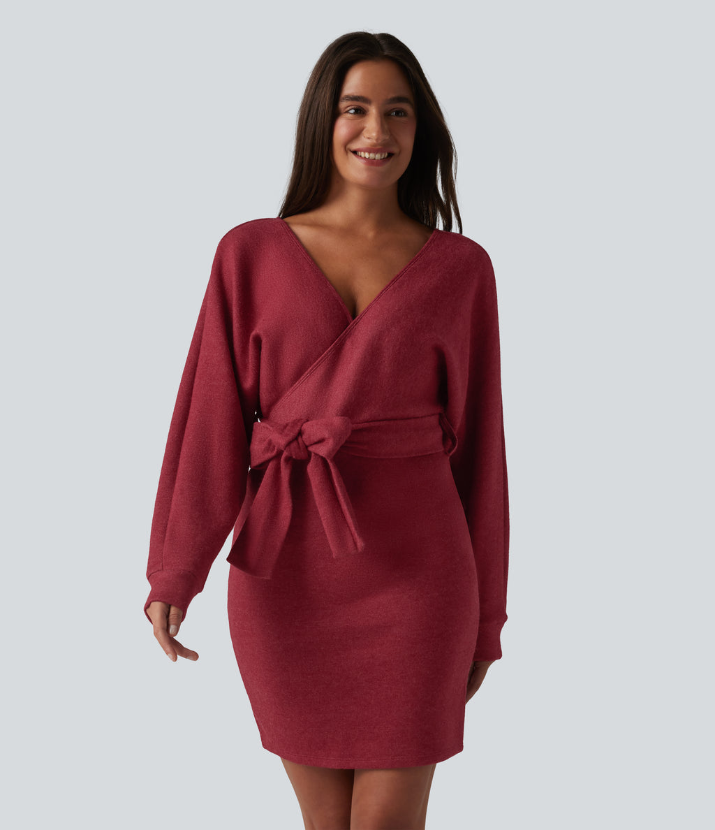 Crossover V Neck Batwing Long Sleeve Belted Mini Casual Dress — Karanda Red — view 1