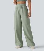 High Waisted Inner Drawstring Lyocell Linen-Blend Casual Wide Leg Trousers with Pockets — Desert Sage — view 3