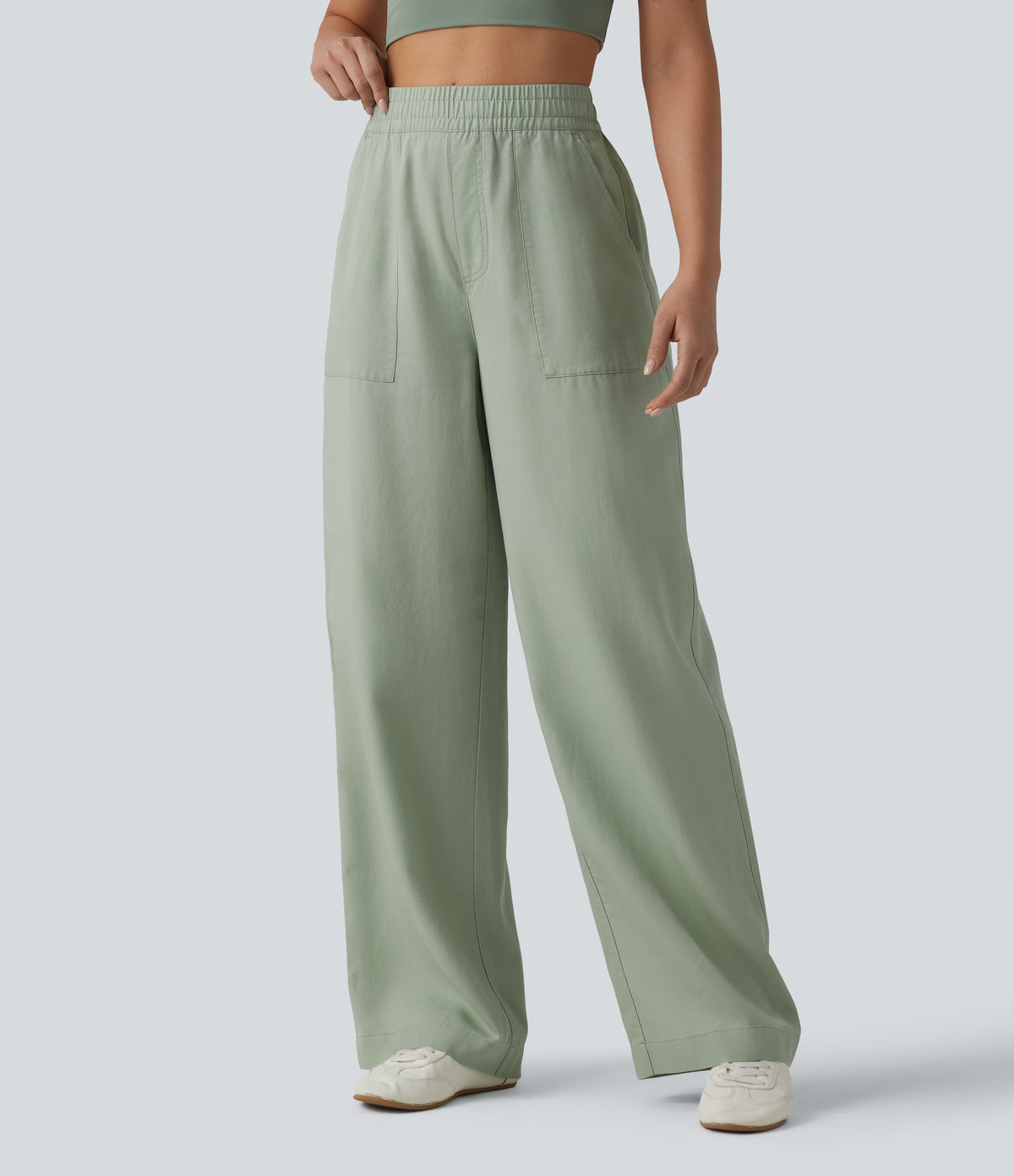 High Waisted Inner Drawstring Lyocell Linen-Blend Casual Wide Leg Trousers with Pockets — Desert Sage — view 3