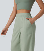 High Waisted Inner Drawstring Lyocell Linen-Blend Casual Wide Leg Trousers with Pockets — Desert Sage — view 4