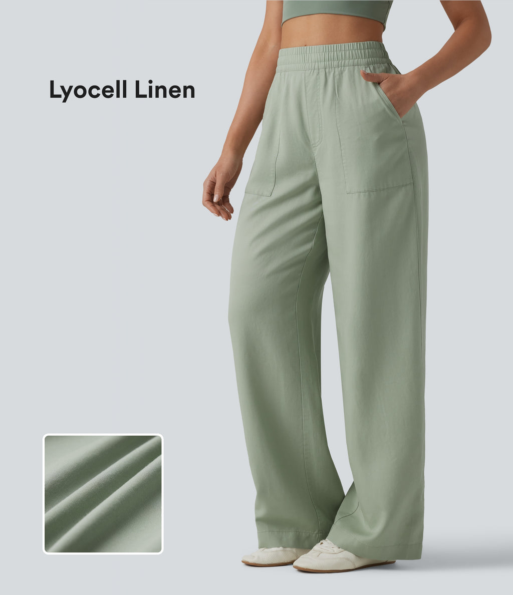 High Waisted Inner Drawstring Lyocell Linen-Blend Casual Wide Leg Trousers with Pockets — Desert Sage — view 1