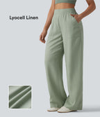 High Waisted Inner Drawstring Lyocell Linen-Blend Casual Wide Leg Trousers with Pockets — Desert Sage — view 1