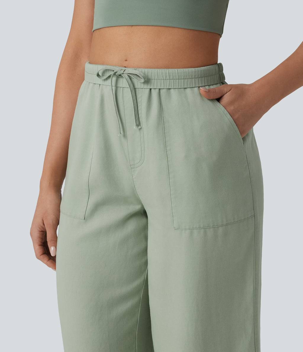 High Waisted Inner Drawstring Lyocell Linen-Blend Casual Wide Leg Trousers with Pockets — Desert Sage — view 5