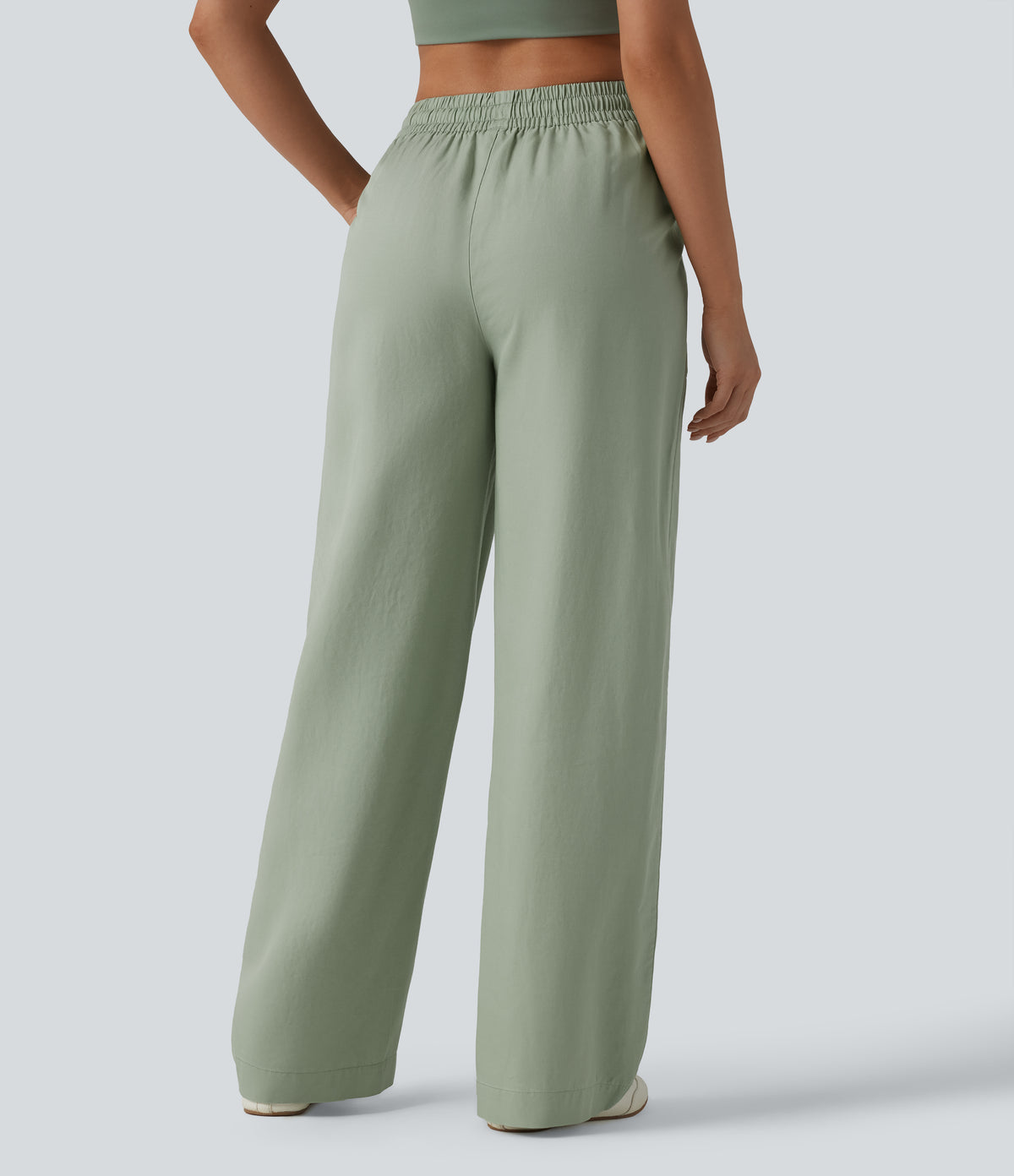 High Waisted Inner Drawstring Lyocell Linen-Blend Casual Wide Leg Trousers with Pockets — Desert Sage — view 2