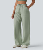 High Waisted Inner Drawstring Lyocell Linen-Blend Casual Wide Leg Trousers with Pockets — Desert Sage — view 6