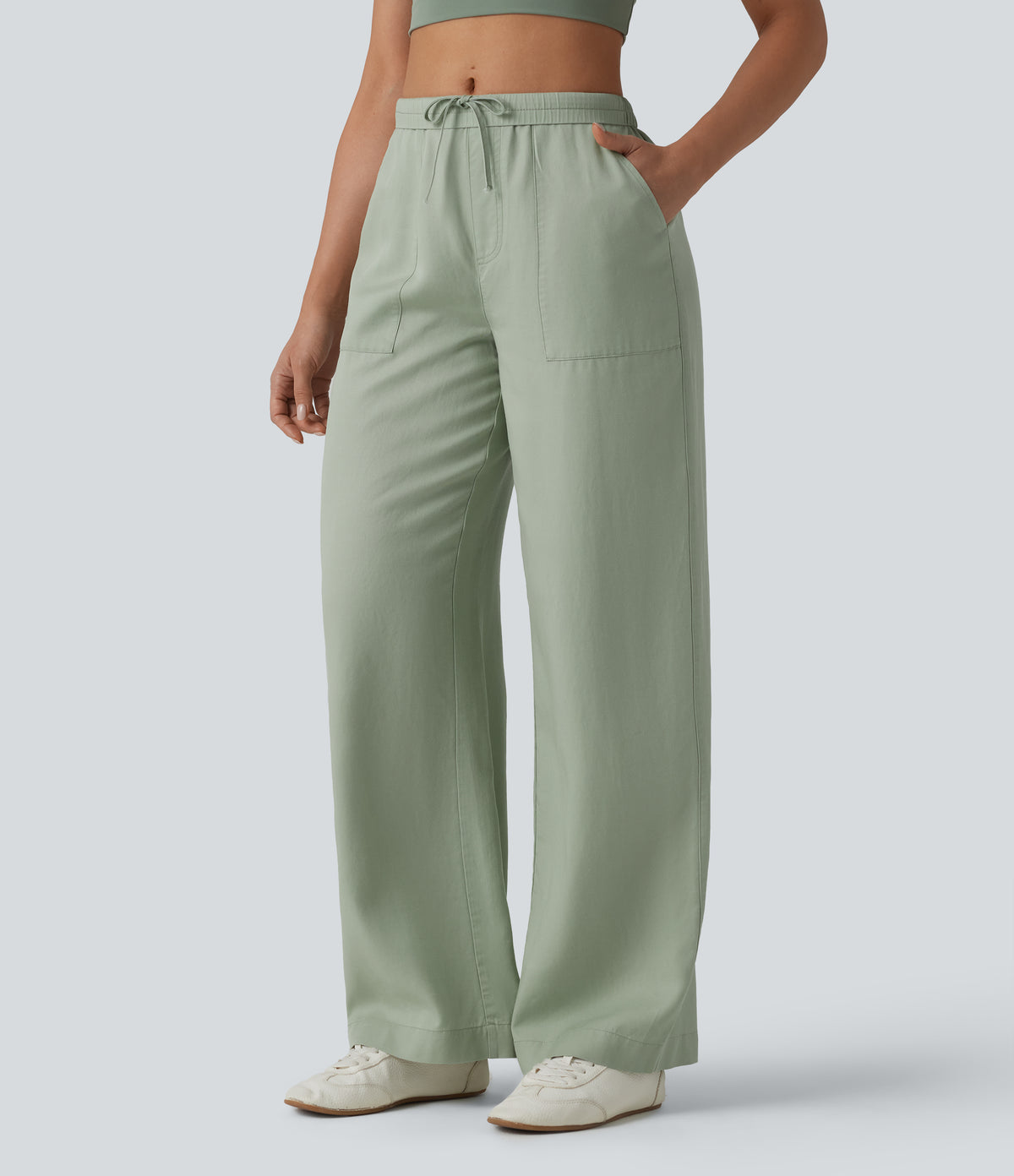 High Waisted Inner Drawstring Lyocell Linen-Blend Casual Wide Leg Trousers with Pockets — Desert Sage — view 6
