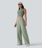 High Waisted Inner Drawstring Lyocell Linen-Blend Casual Wide Leg Trousers with Pockets — Desert Sage — view 7