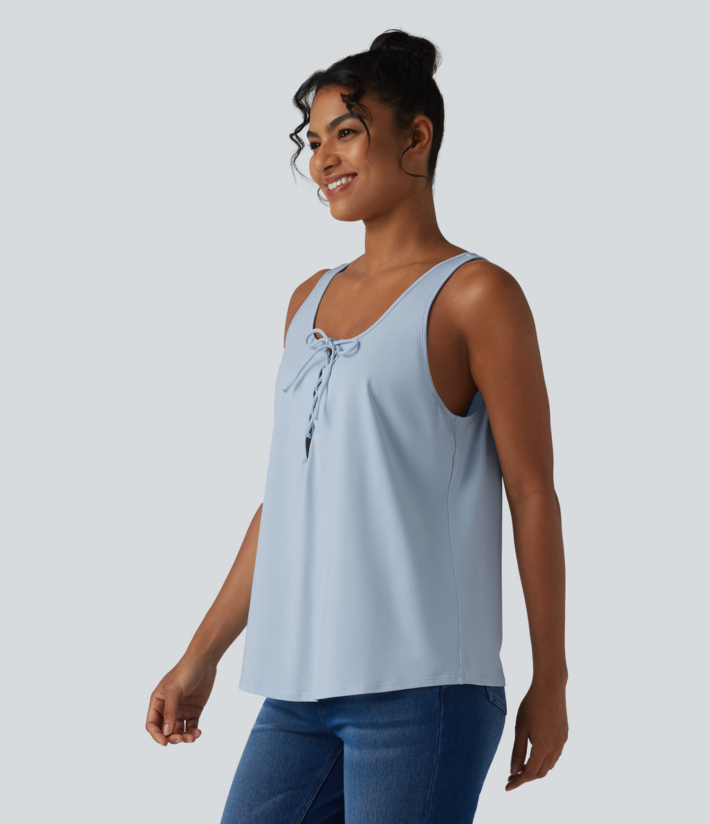 U Neck Tie Front Casual Cotton Tank Top — Skyride — view 3