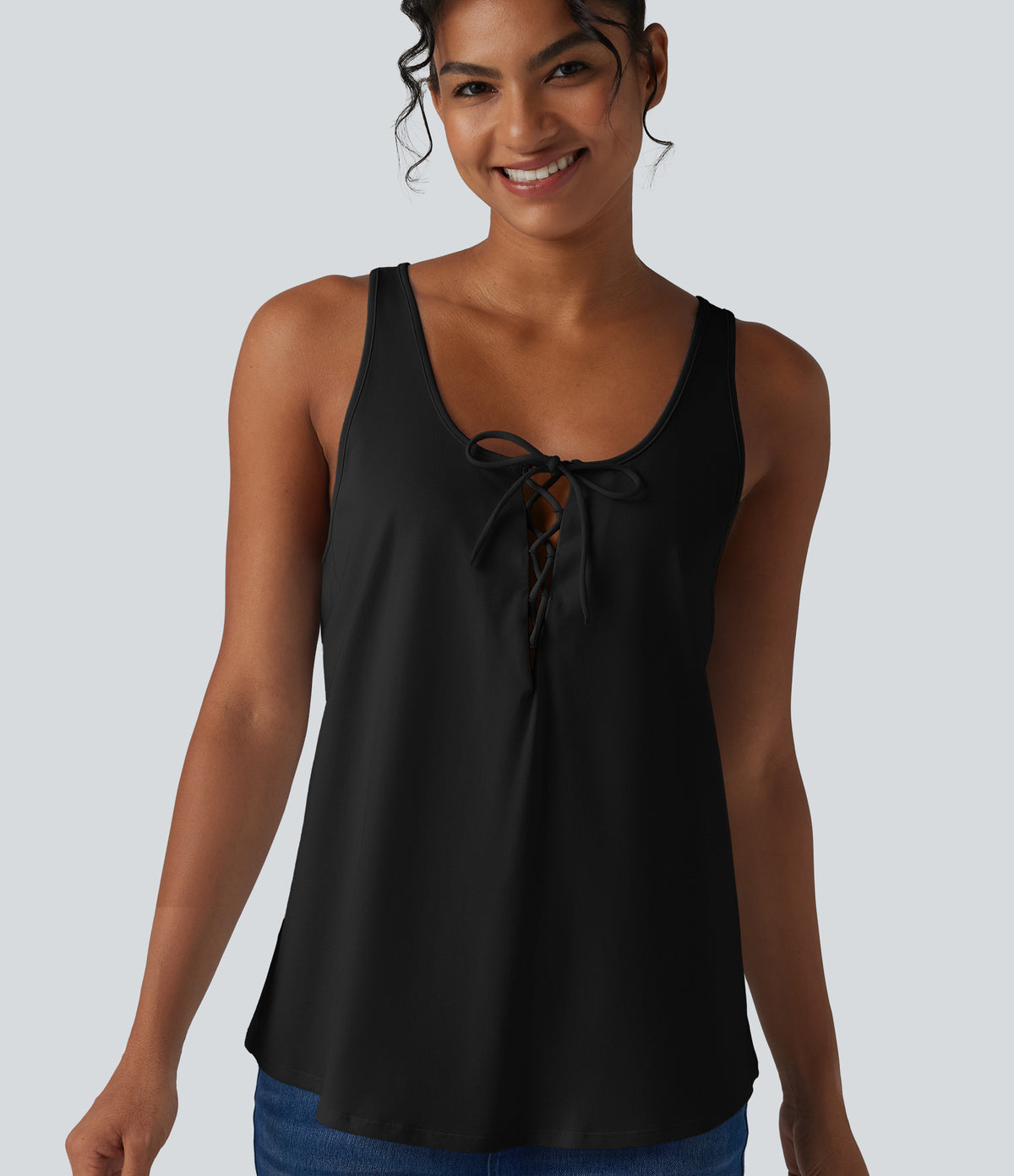 U Neck Tie Front Casual Cotton Tank Top — Black — view 6