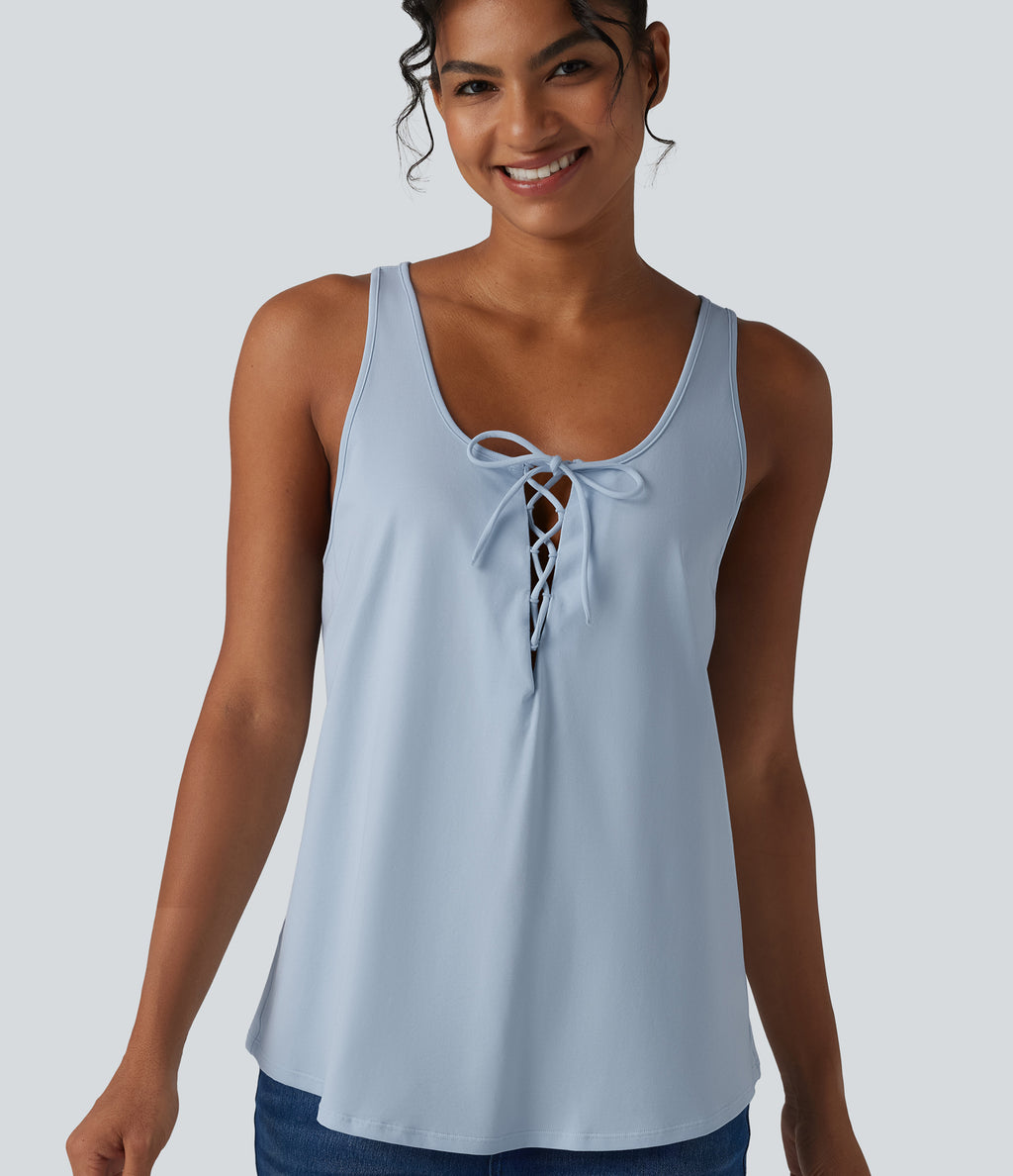 U Neck Tie Front Casual Cotton Tank Top — Skyride — view 1