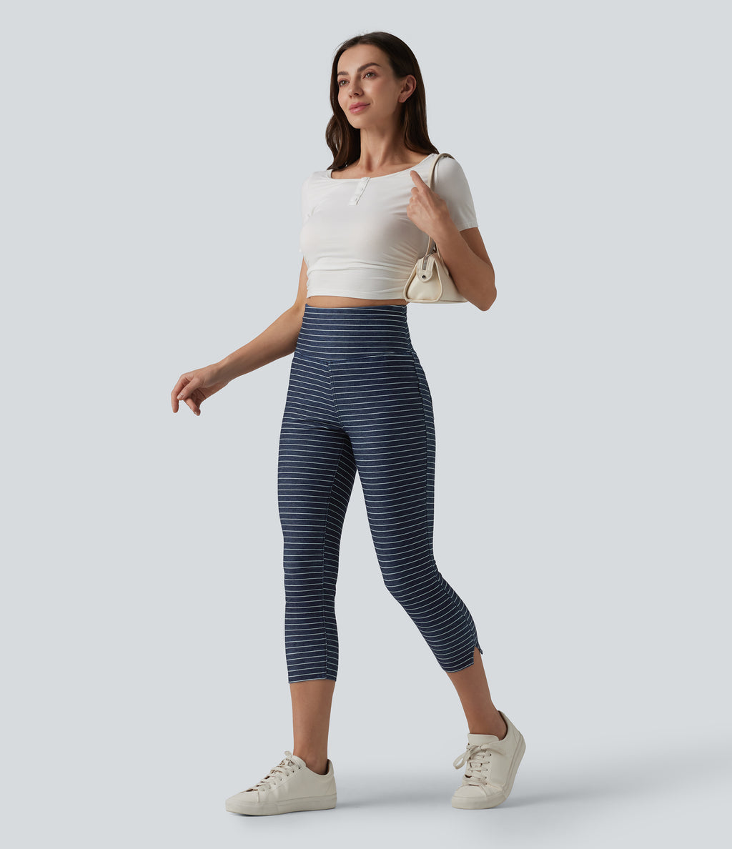 High Waisted Tummy Control Split Stripes Denim Casual Capri Leggings with Pockets — Inkling Blue Denim — view 6