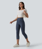 High Waisted Tummy Control Split Stripes Denim Casual Capri Leggings with Pockets — Inkling Blue Denim — view 6