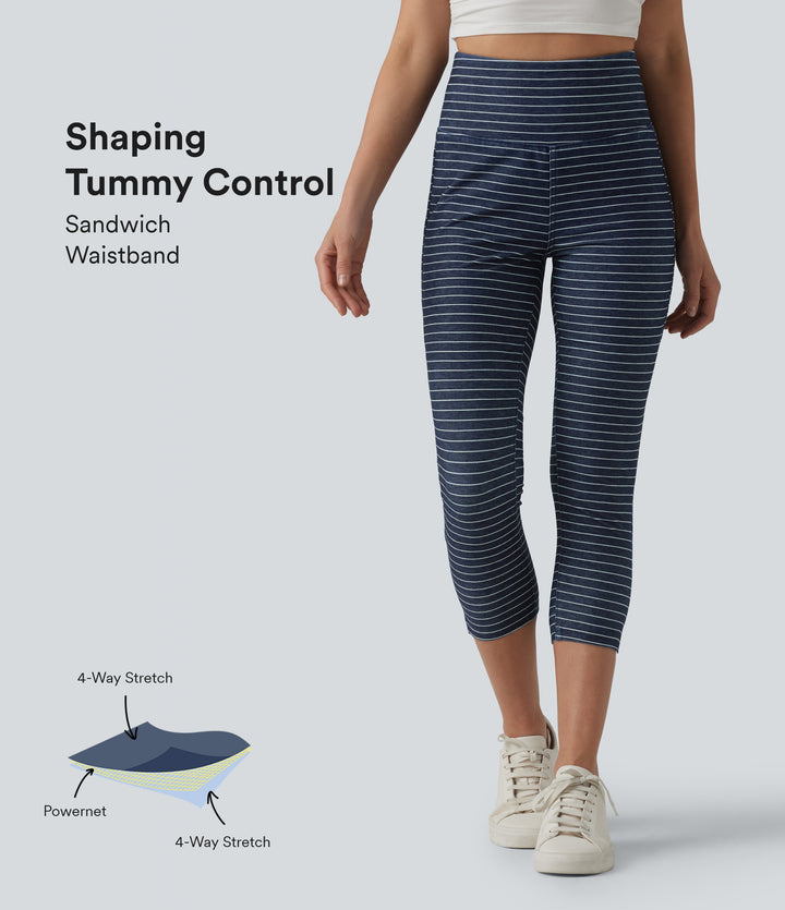 High Waisted Tummy Control Split Stripes Denim Casual Capri Leggings with Pockets — Inkling Blue Denim — view 1