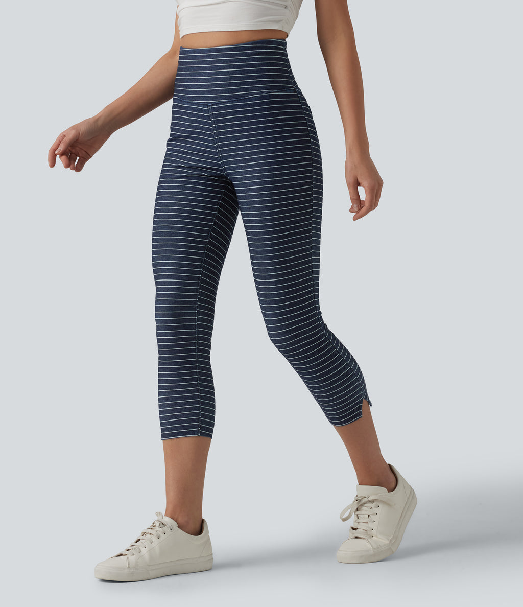 High Waisted Tummy Control Split Stripes Denim Casual Capri Leggings with Pockets — Inkling Blue Denim — view 3