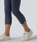 High Waisted Tummy Control Split Stripes Denim Casual Capri Leggings with Pockets — Inkling Blue Denim — view 4