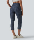 High Waisted Tummy Control Split Stripes Denim Casual Capri Leggings with Pockets — Inkling Blue Denim — view 2