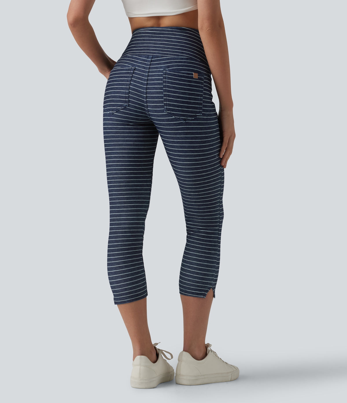 High Waisted Tummy Control Split Stripes Denim Casual Capri Leggings with Pockets — Inkling Blue Denim — view 2