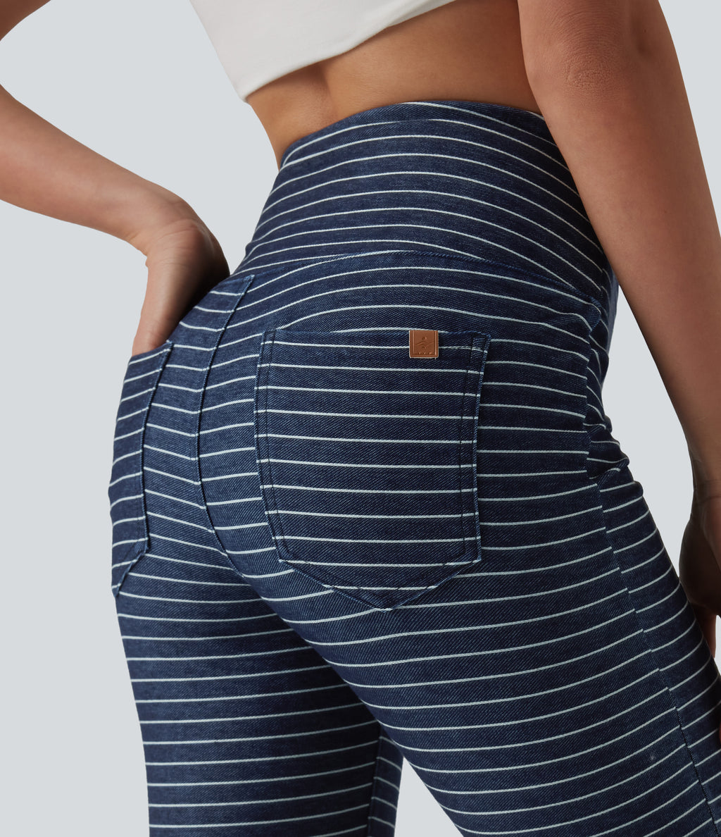 High Waisted Tummy Control Split Stripes Denim Casual Capri Leggings with Pockets — Inkling Blue Denim — view 5