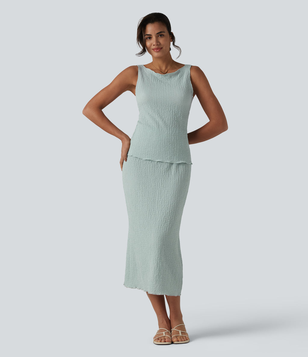 High Waisted Midi Casual Skirt — Pistachio — view 6
