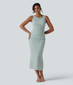 High Waisted Midi Casual Skirt — Pistachio — view 6