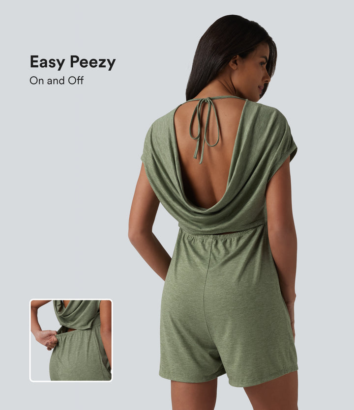 Cowl-back V-neck Cap Sleeve Heathered Casual Playsuit with Pockets — Light Green Floral Yarn — view 1