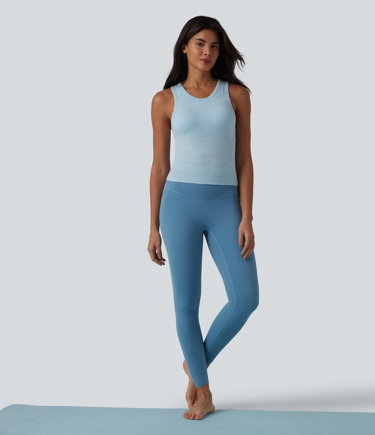 OneForm Seamless Flow Round Neck Built-in Bra Yoga Tank Top — Light Foggy Blue — view 6