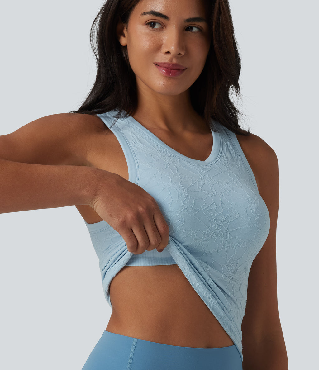 OneForm Seamless Flow Round Neck Built-in Bra Yoga Tank Top — Light Foggy Blue — view 1