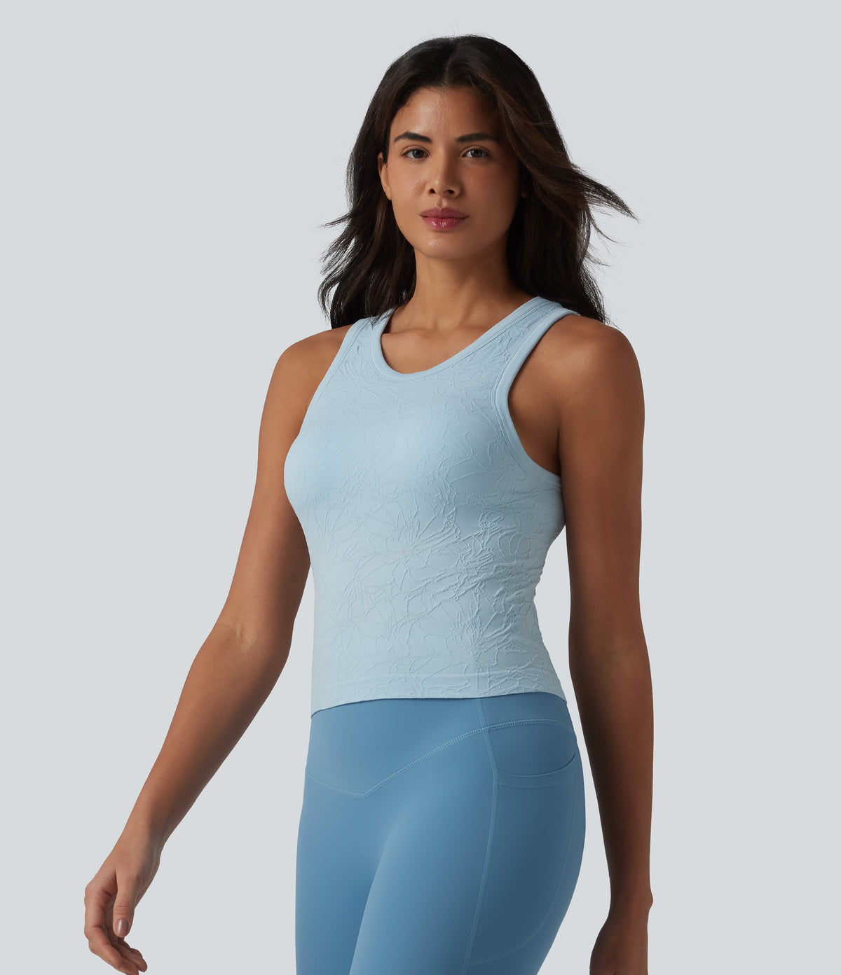 OneForm Seamless Flow Round Neck Built-in Bra Yoga Tank Top — Light Foggy Blue — view 4