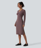 V-Neck Long Sleeve Ruched Split Midi Work Dress — Smoke Plum — view 1