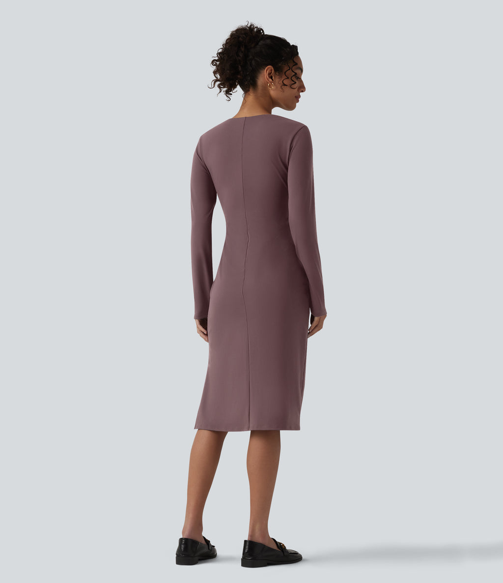 V-Neck Long Sleeve Ruched Split Midi Work Dress — Smoke Plum — view 2