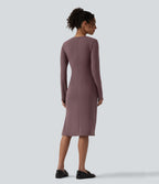V-Neck Long Sleeve Ruched Split Midi Work Dress — Smoke Plum — view 2