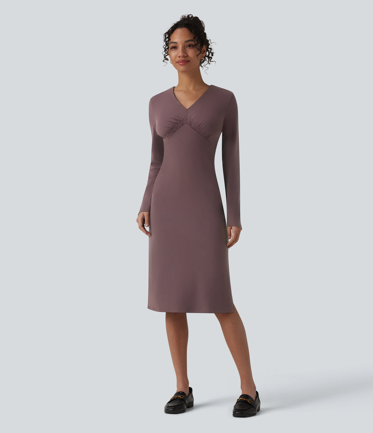 V-Neck Long Sleeve Ruched Split Midi Work Dress — Smoke Plum — view 3