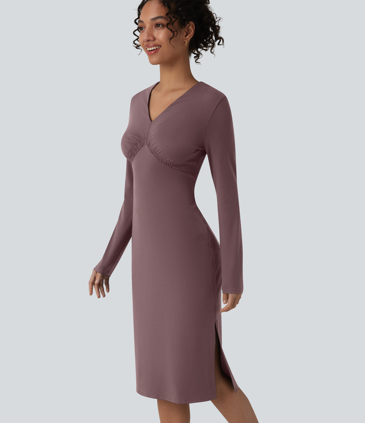 V-Neck Long Sleeve Ruched Split Midi Work Dress — Smoke Plum — view 4