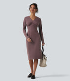 V-Neck Long Sleeve Ruched Split Midi Work Dress — Smoke Plum — view 5
