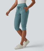 High Waisted Drawstring Tapered Travel Pedal Pushers Joggers with Zip Pockets — Arctic — view 3