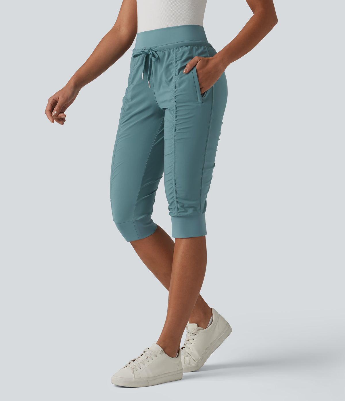 High Waisted Drawstring Tapered Travel Pedal Pushers Joggers with Zip Pockets — Arctic — view 3