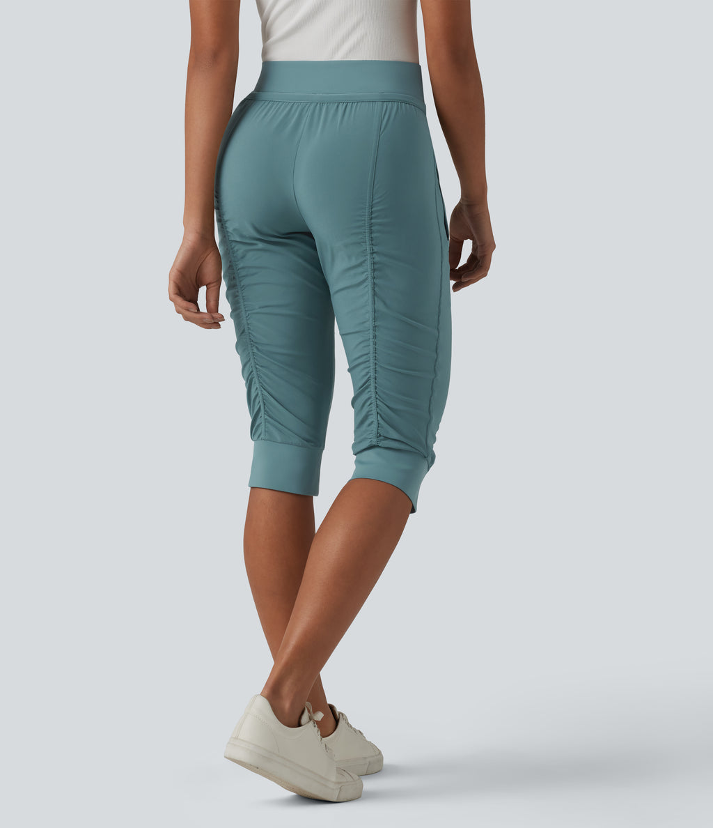 High Waisted Drawstring Tapered Travel Pedal Pushers Joggers with Zip Pockets — Arctic — view 2