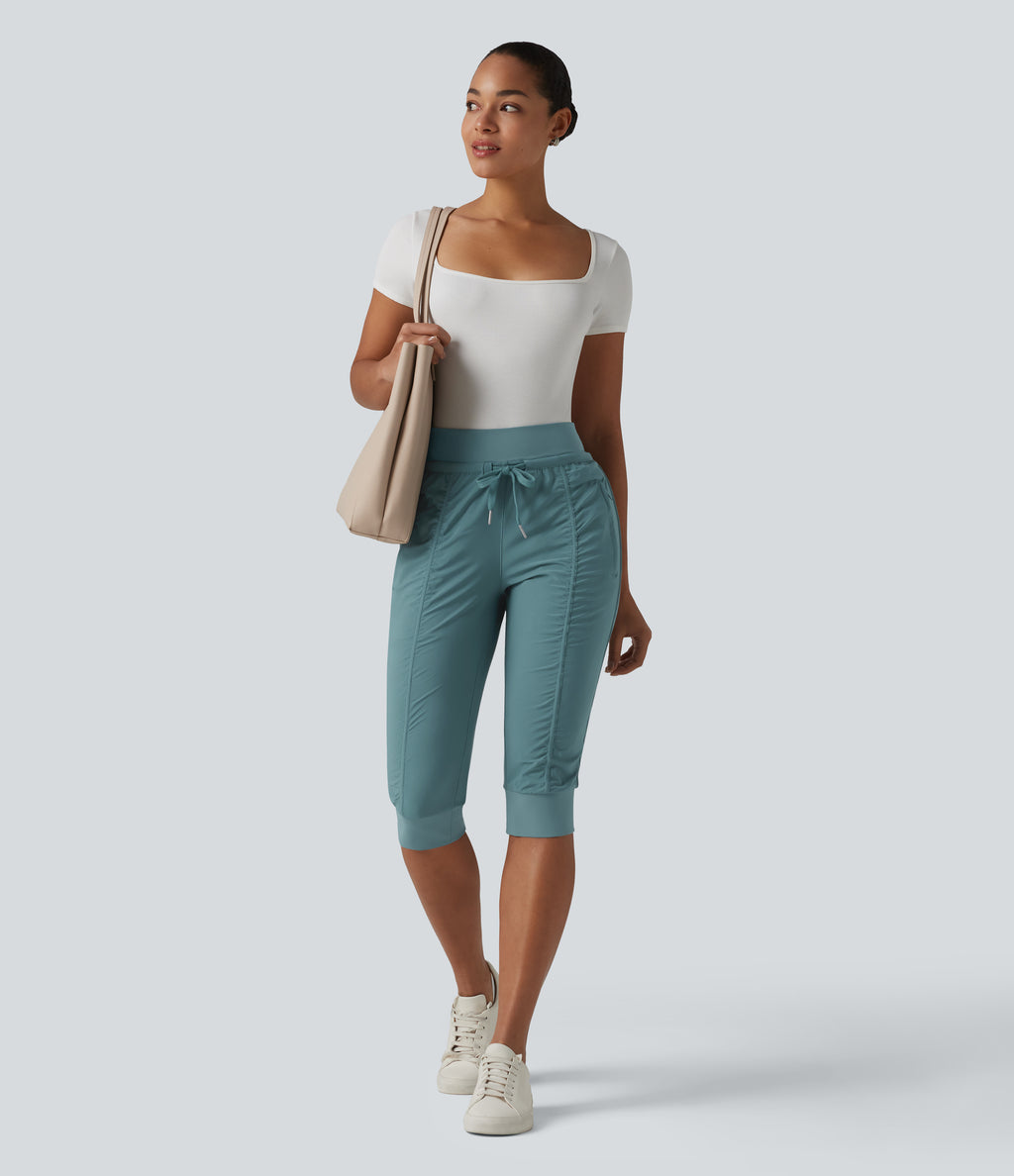 High Waisted Drawstring Tapered Travel Pedal Pushers Joggers with Zip Pockets — Arctic — view 4