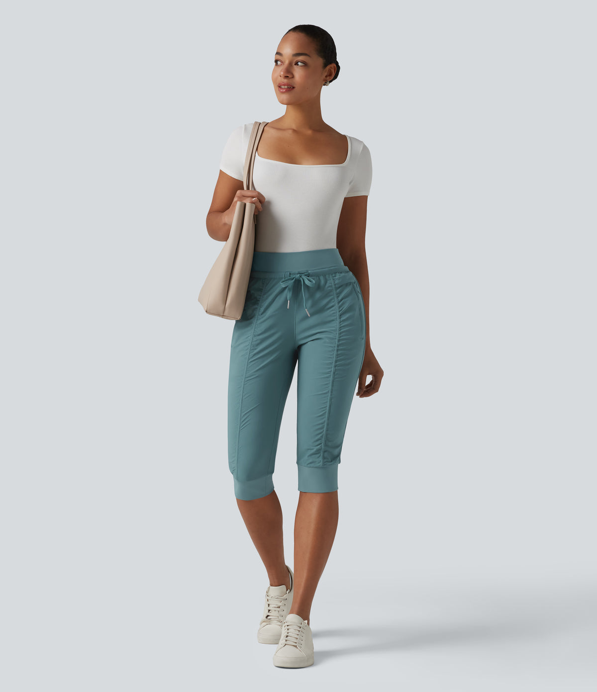 High Waisted Drawstring Tapered Travel Pedal Pushers Joggers with Zip Pockets — Arctic — view 4