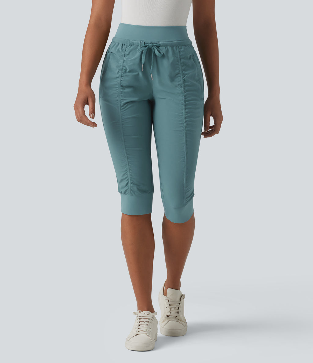 High Waisted Drawstring Tapered Travel Pedal Pushers Joggers with Zip Pockets — Arctic — view 1