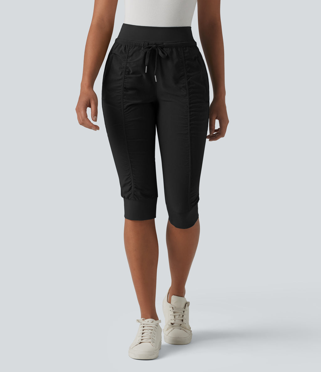 High Waisted Drawstring Tapered Travel Pedal Pushers Joggers with Zip Pockets — Black — view 6