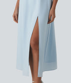 Queen Anne Neck Puff Sleeve Split Midi Chiffon Bridesmaid And Wedding Guest Dress — Ice Water — view 5