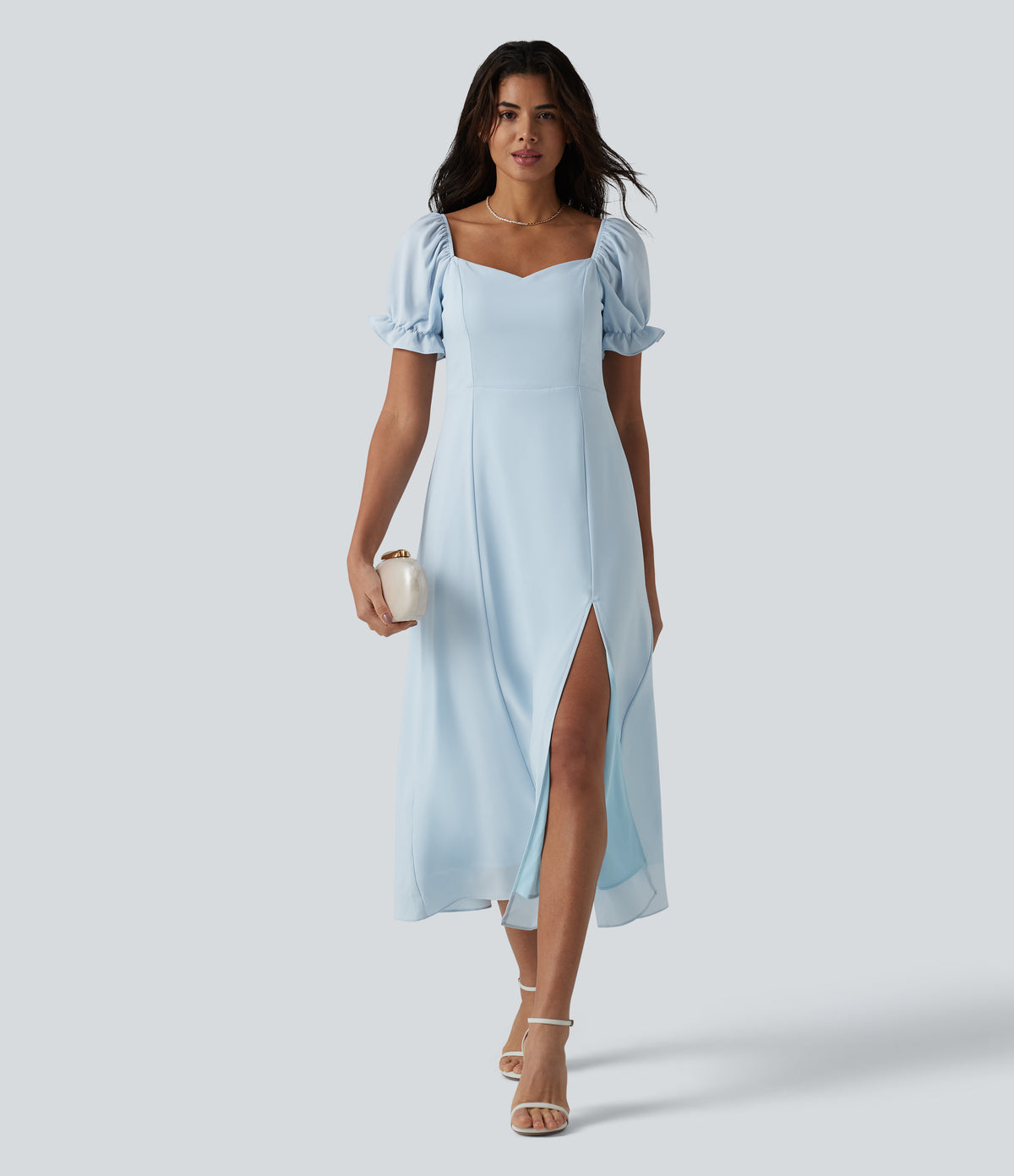 Queen Anne Neck Puff Sleeve Split Midi Chiffon Bridesmaid And Wedding Guest Dress — Ice Water — view 7