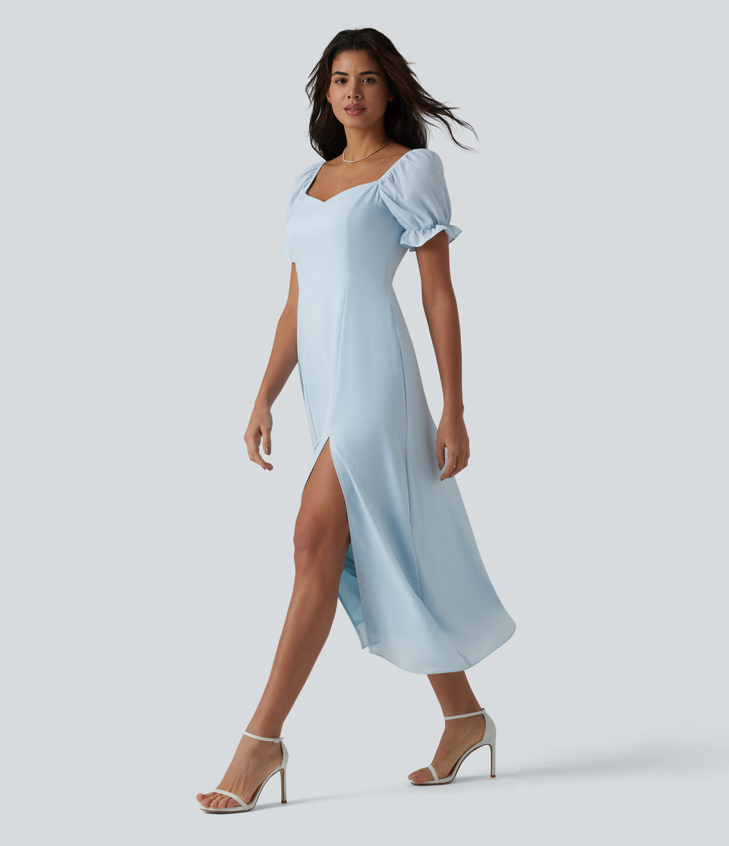 Queen Anne Neck Puff Sleeve Split Midi Chiffon Bridesmaid And Wedding Guest Dress — Ice Water — view 1