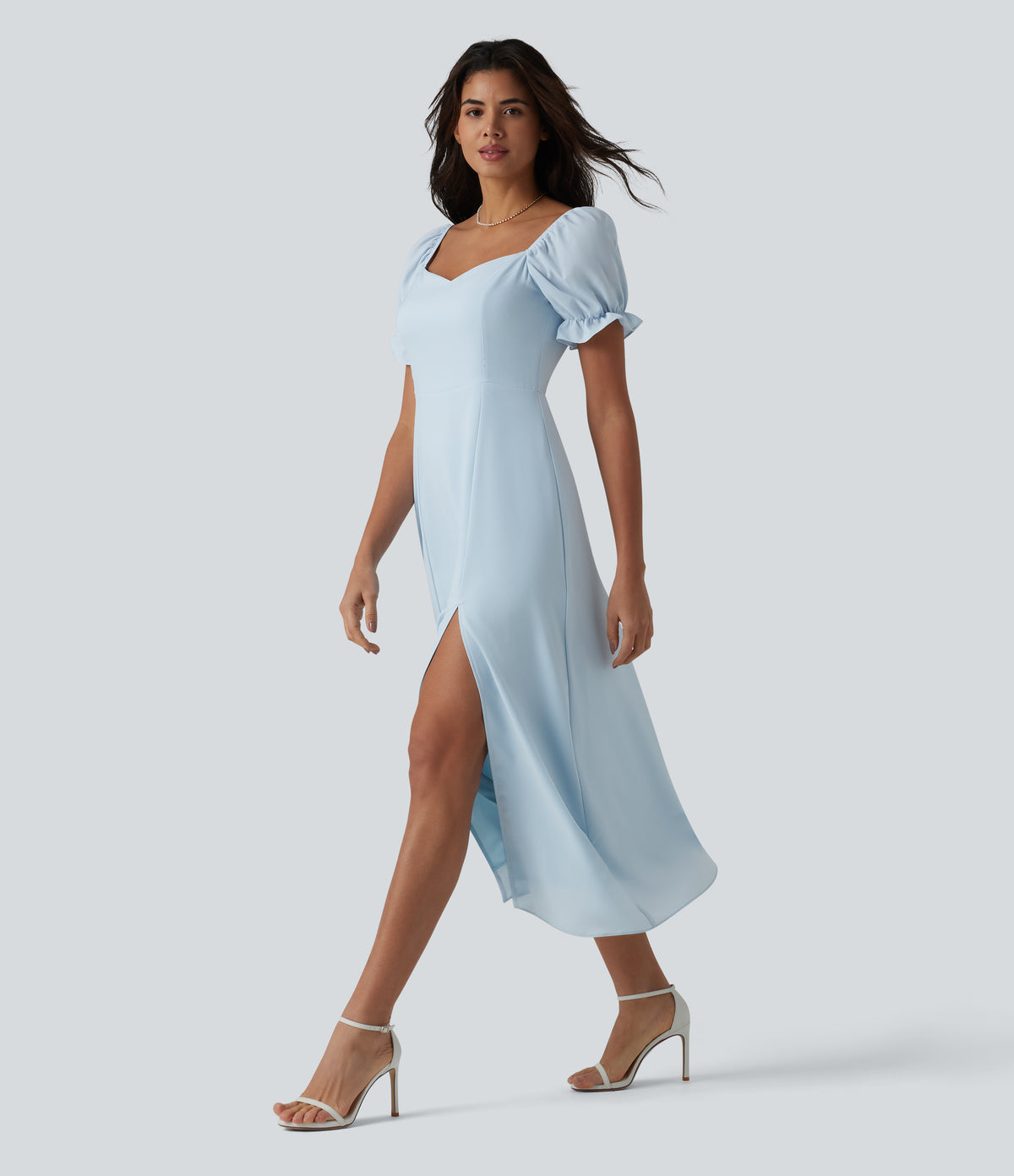 Queen Anne Neck Puff Sleeve Split Midi Chiffon Bridesmaid And Wedding Guest Dress — Ice Water — view 1