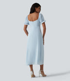 Queen Anne Neck Puff Sleeve Split Midi Chiffon Bridesmaid And Wedding Guest Dress — Ice Water — view 2