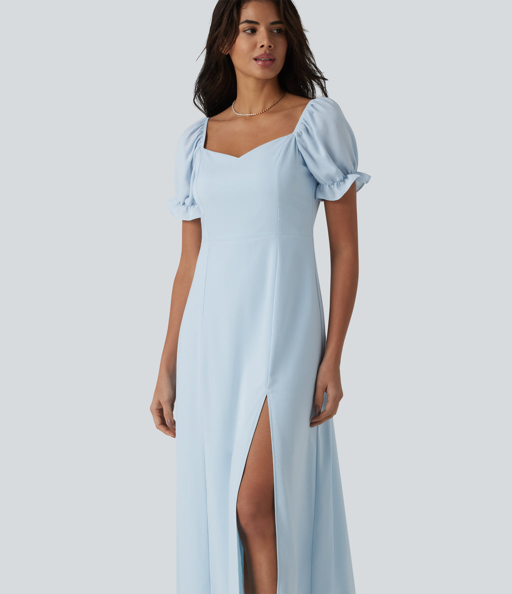 Queen Anne Neck Puff Sleeve Split Midi Chiffon Bridesmaid And Wedding Guest Dress — Ice Water — view 4