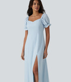 Queen Anne Neck Puff Sleeve Split Midi Chiffon Bridesmaid And Wedding Guest Dress — Ice Water — view 4